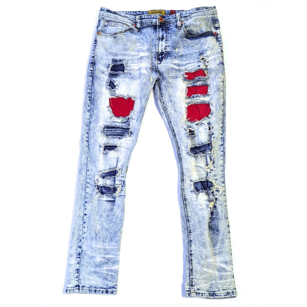 Makobi Men's Acid Wash Distressed Red Ripped Patch Jeans M1773 Blue 38x32